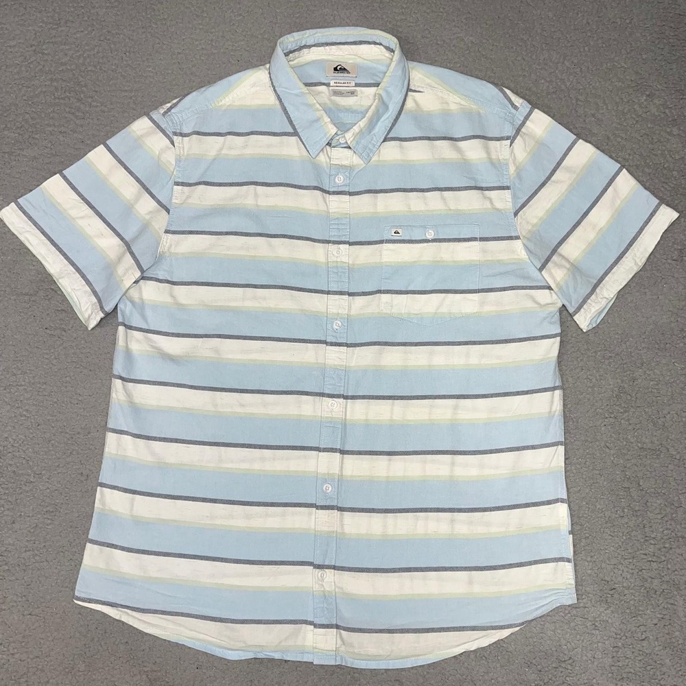 Quiksilver Shirt Men's Size 2XL XXL Blue Striped Short Sleeve Pocket Button Down